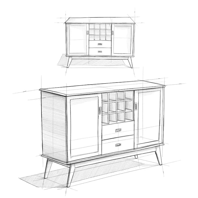 Masivní dřevěný příborník/bufet ve stylu Mid-Century Modern, šířka 137 cm, s vinotékou