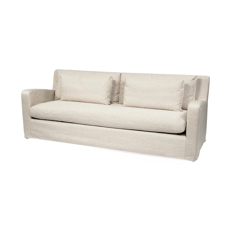 Beige Fabric Slipcover Sofa with Double Stacked Back Cushions