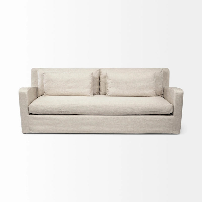 Beige Fabric Slipcover Sofa with Double Stacked Back Cushions