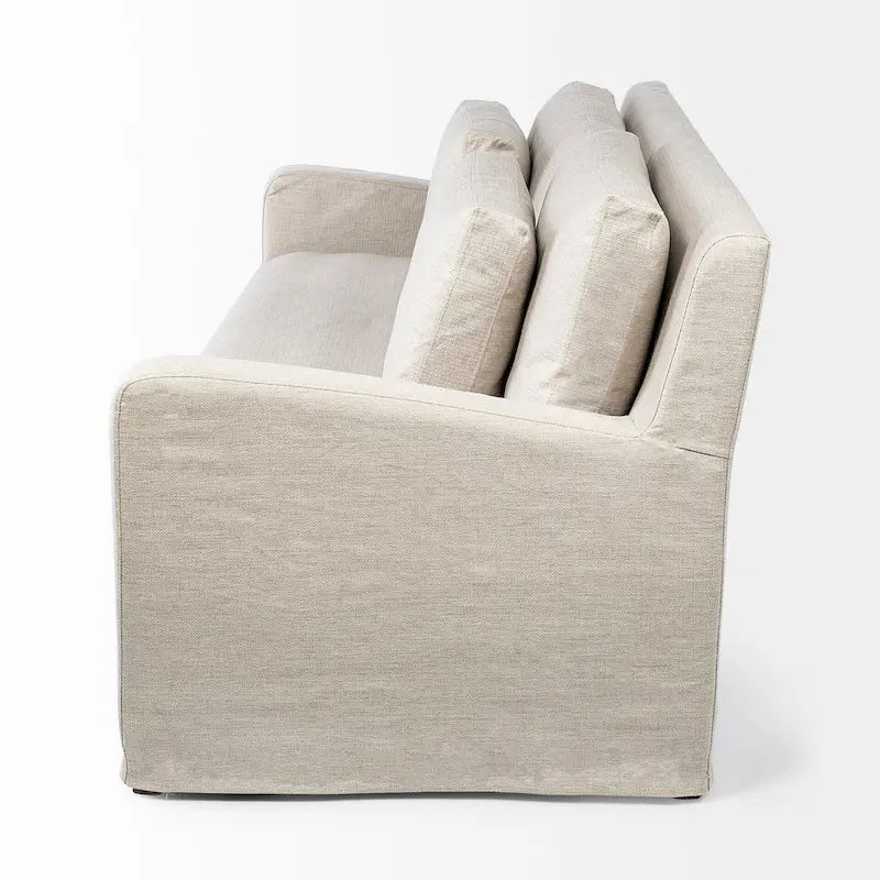 Beige Fabric Slipcover Sofa with Double Stacked Back Cushions