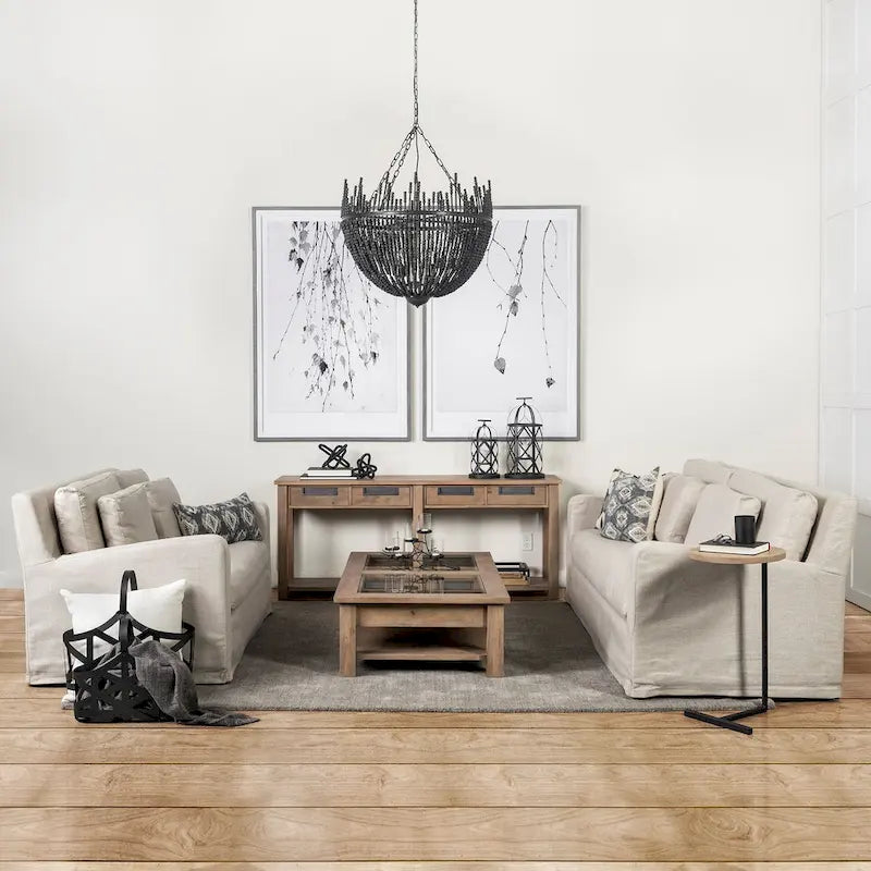 Beige Fabric Slipcover Sofa with Double Stacked Back Cushions
