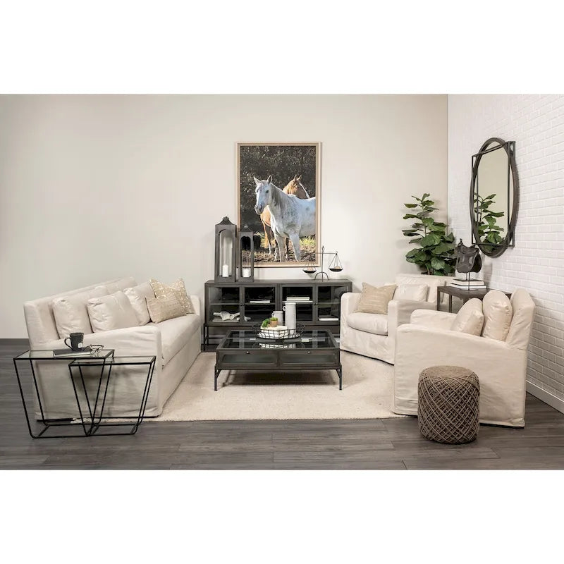 Beige Fabric Slipcover Sofa with Double Stacked Back Cushions