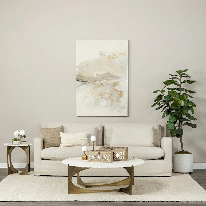 Beige Fabric Slipcover Sofa with Double Stacked Back Cushions