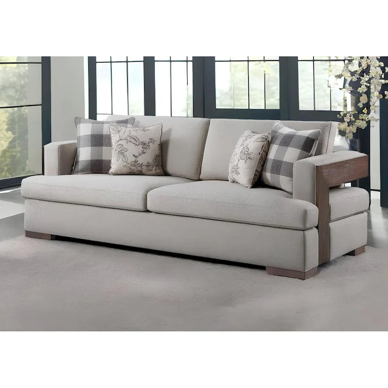 92 Inch Beige Fabric Sofa with Toss Pillows and Brown Legs