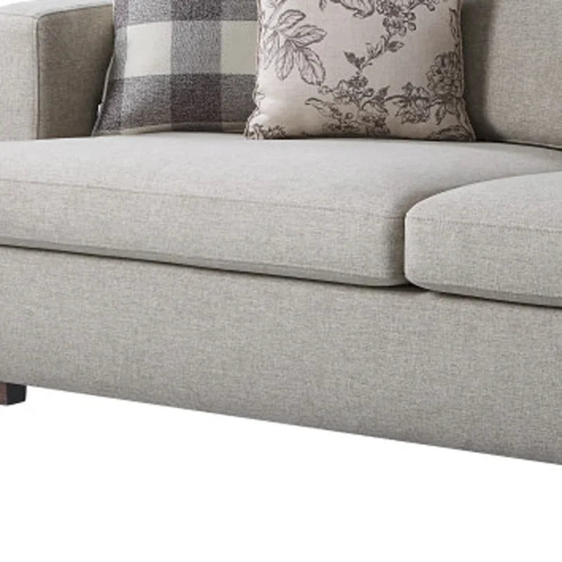 92 Inch Beige Fabric Sofa with Toss Pillows and Brown Legs