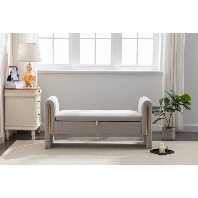 Velvet Fabric Storage Bench Bedroom Bench With Gold Metal Trim Strip For Living Room Bedroom Indoor