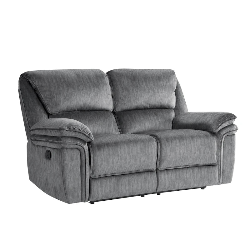 65 Inch Manual Double Recliner Loveseat, Tufted Gray Microfiber