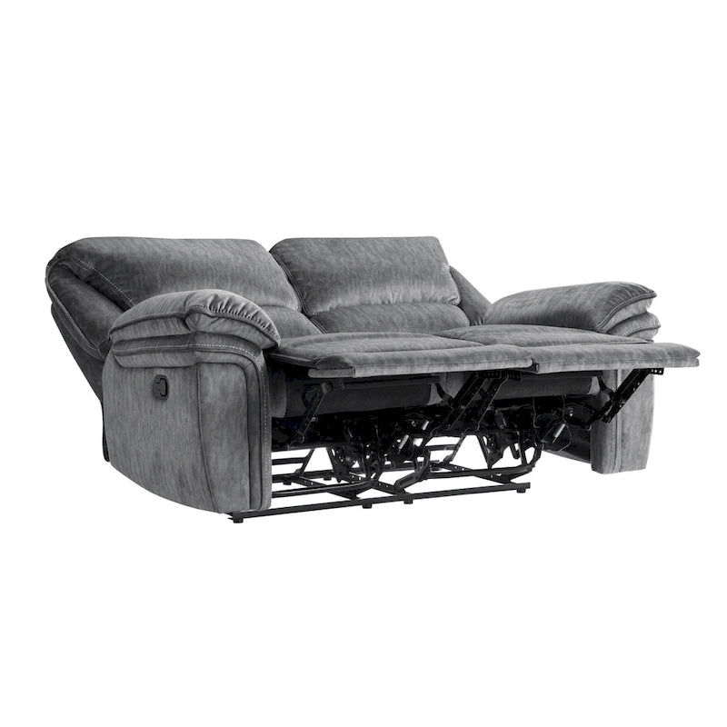 65 Inch Manual Double Recliner Loveseat, Tufted Gray Microfiber