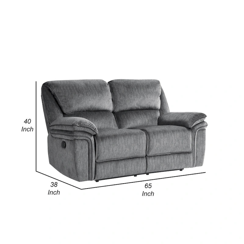 65 Inch Manual Double Recliner Loveseat, Tufted Gray Microfiber