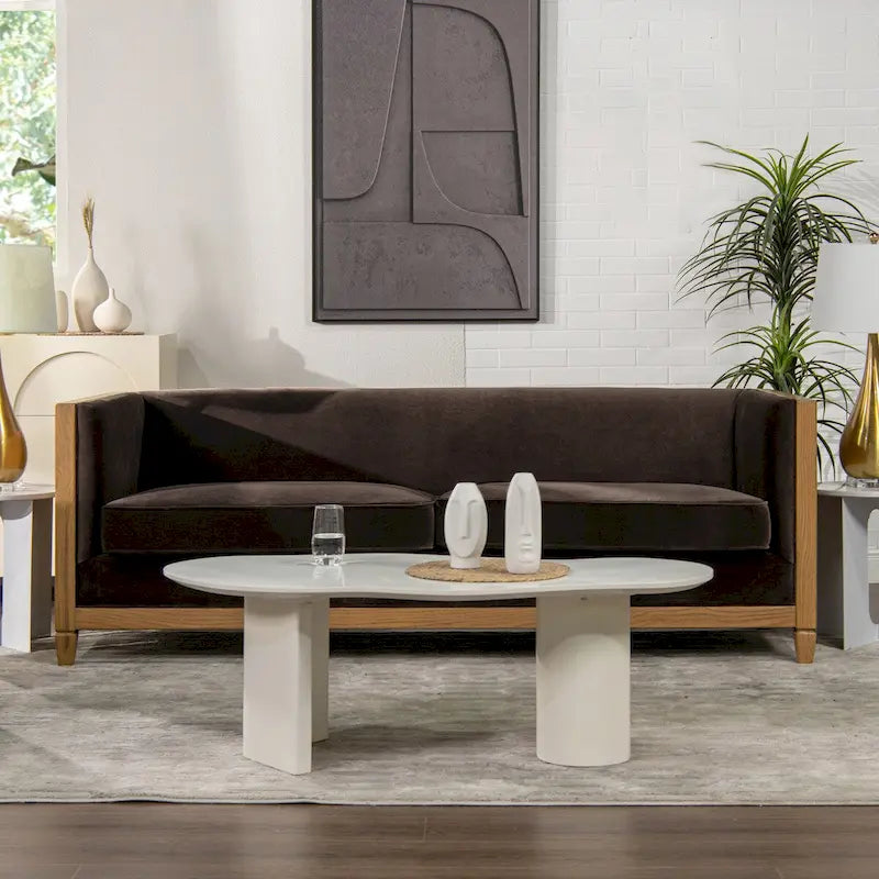 81 Inch Oak Wood and Rattan Sofa with Velvet Upholstery
