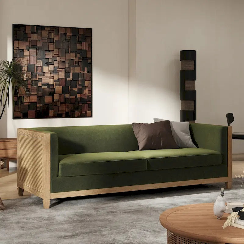 81 Inch Oak Wood and Rattan Sofa with Velvet Upholstery
