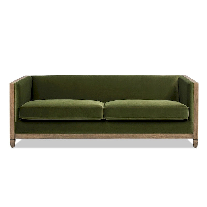 81 Inch Oak Wood and Rattan Sofa with Velvet Upholstery