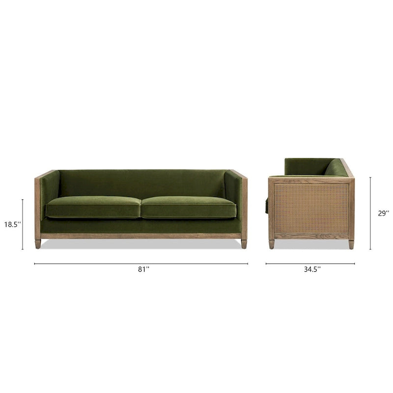 81 Inch Oak Wood and Rattan Sofa with Velvet Upholstery