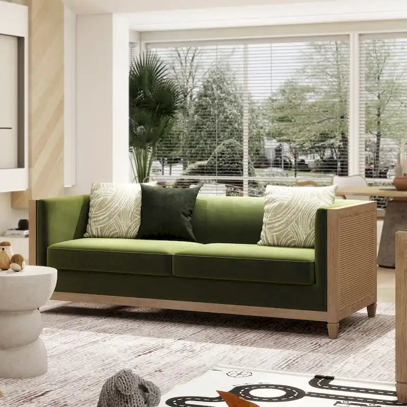 81 Inch Oak Wood and Rattan Sofa with Velvet Upholstery
