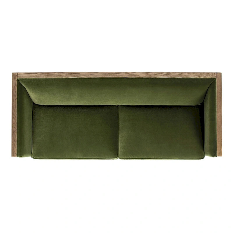 81 Inch Oak Wood and Rattan Sofa with Velvet Upholstery