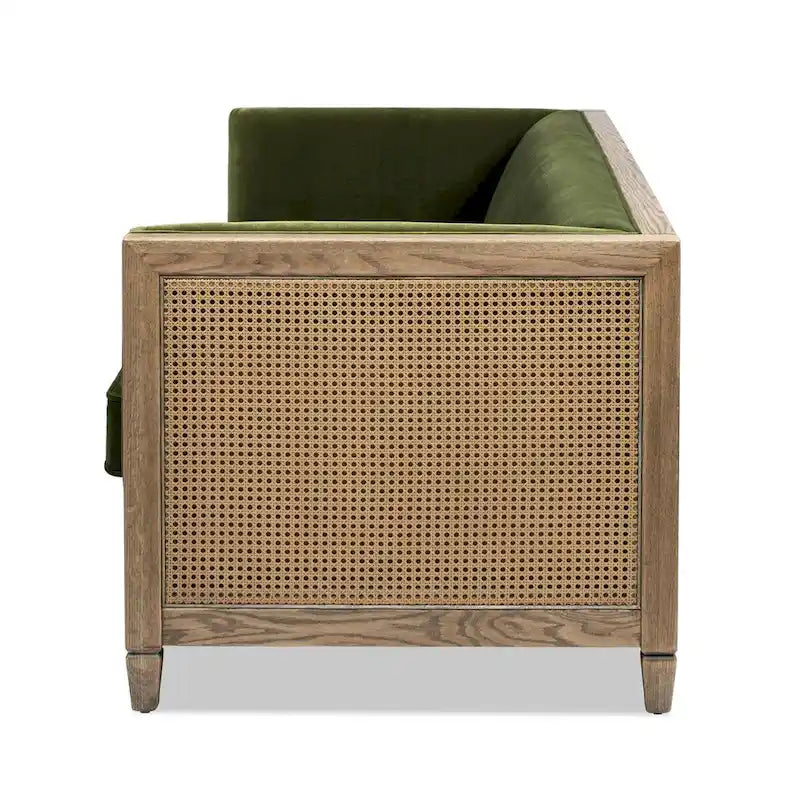 81 Inch Oak Wood and Rattan Sofa with Velvet Upholstery