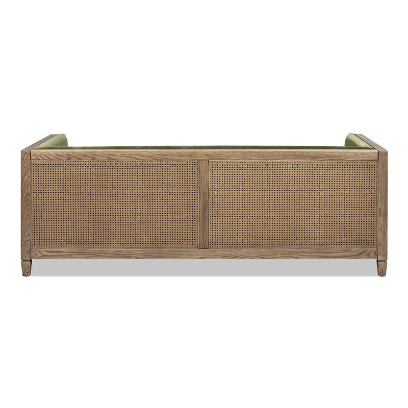 81 Inch Oak Wood and Rattan Sofa with Velvet Upholstery