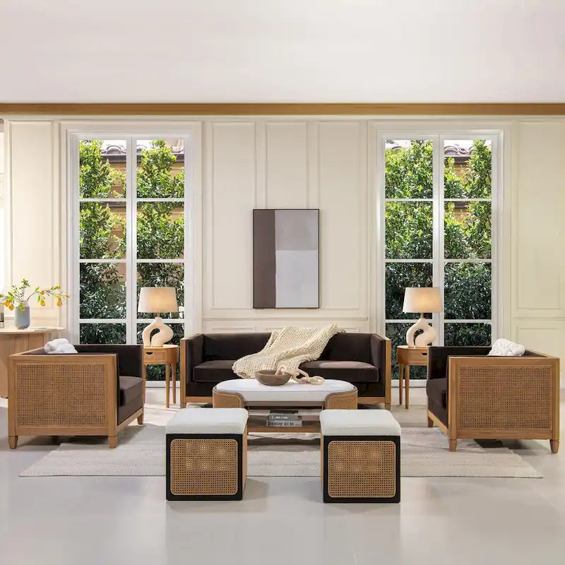 81 Inch Oak Wood and Rattan Sofa with Velvet Upholstery