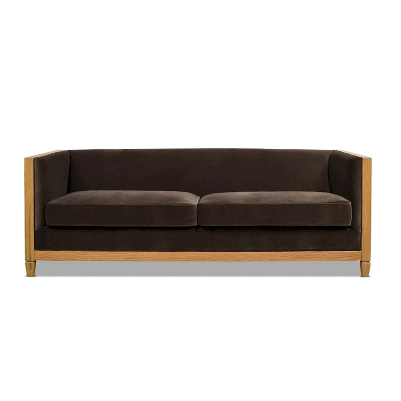 81 Inch Oak Wood and Rattan Sofa with Velvet Upholstery