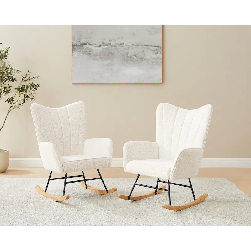 Boucle Upholstered Nursery Rocking Chair with Wood Legs, Set of 2