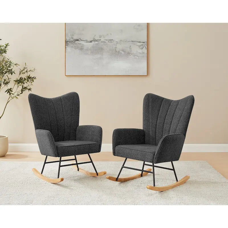 Boucle Upholstered Nursery Rocking Chair with Wood Legs, Set of 2