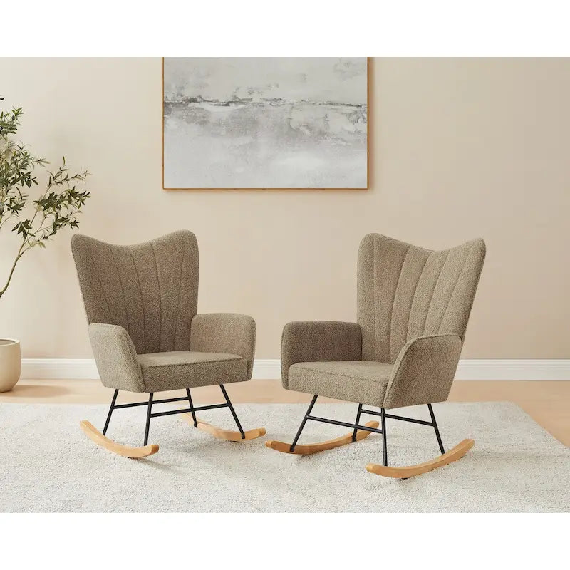 Boucle Upholstered Nursery Rocking Chair with Wood Legs, Set of 2