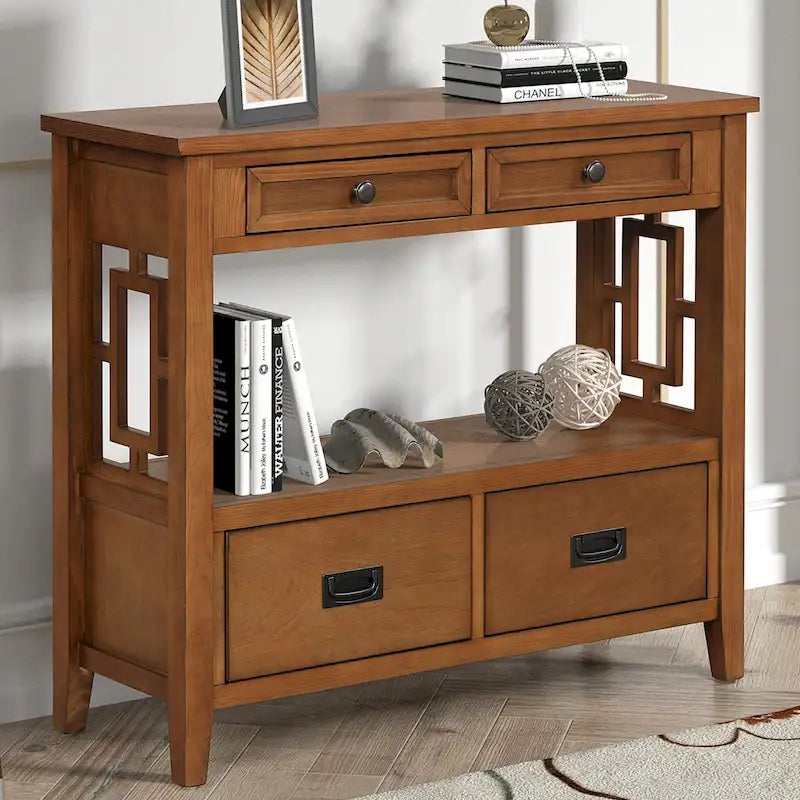 36 Farmhouse Pine Wood Console Table Entry Sofa Table with 4 Drawers & 1 Storage Shelf