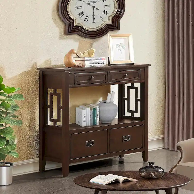 36 Farmhouse Pine Wood Console Table Entry Sofa Table with 4 Drawers & 1 Storage Shelf