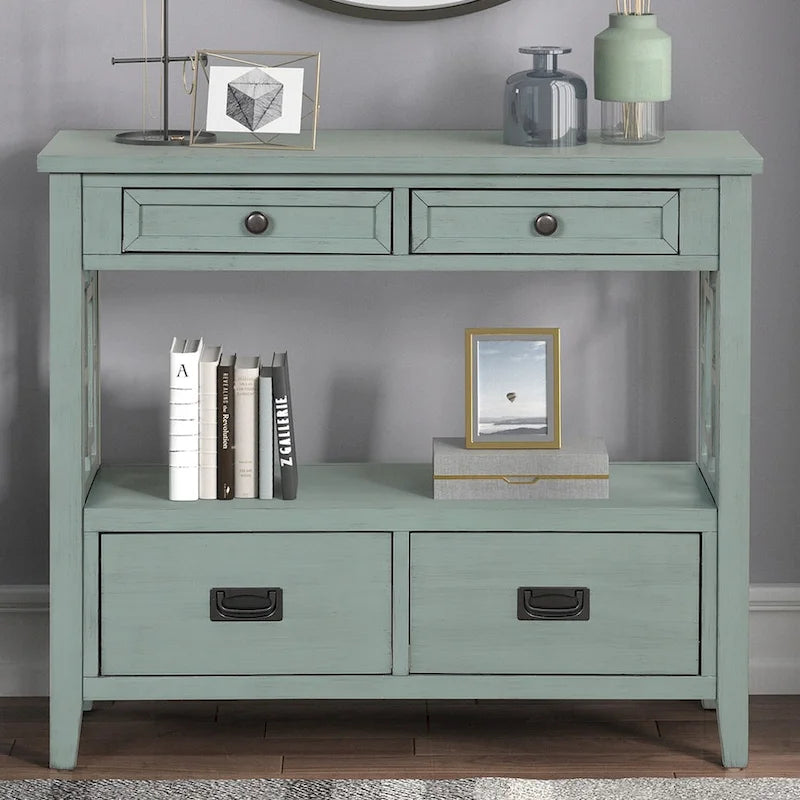 36 Farmhouse Pine Wood Console Table Entry Sofa Table with 4 Drawers & 1 Storage Shelf